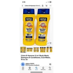 2 Arm & Hammer 3-in-1 Body Wash, Shampoo & Conditioner, Cool Water, 15 oz. Ea
